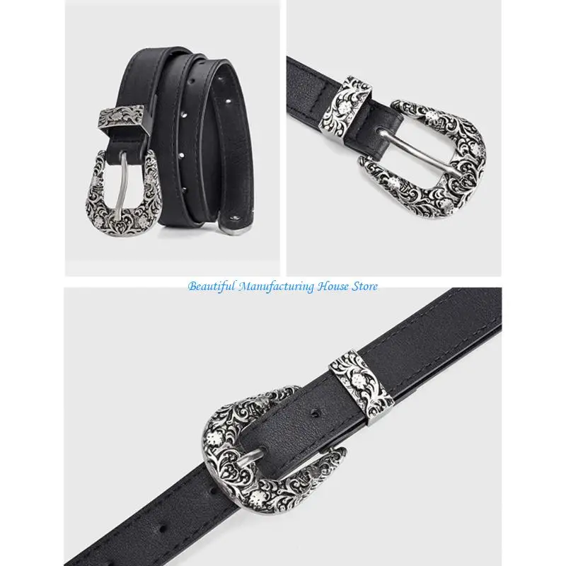 E56A Ladies Carved Floral Buckle Waist Belt PU Thin Belt for Dress Jeans Adjustable