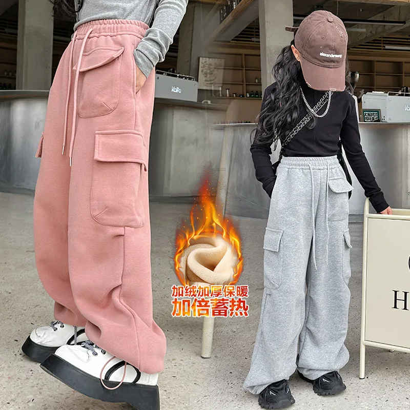 Winter Girls Fleece Cargo Pants Thick Warm Casual Sweatpants for Kids Elastic Waist Pockets Teen Children Trousers 8 10 12 Years