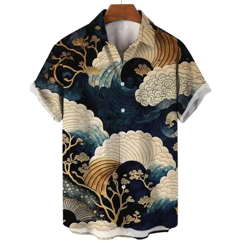Japanese Style Sutra Of Mountains And Seas Ukiyoe Wave Print Men Women Short Sleeve Shirts Casual Daily Street Y2k Unisex Shirt