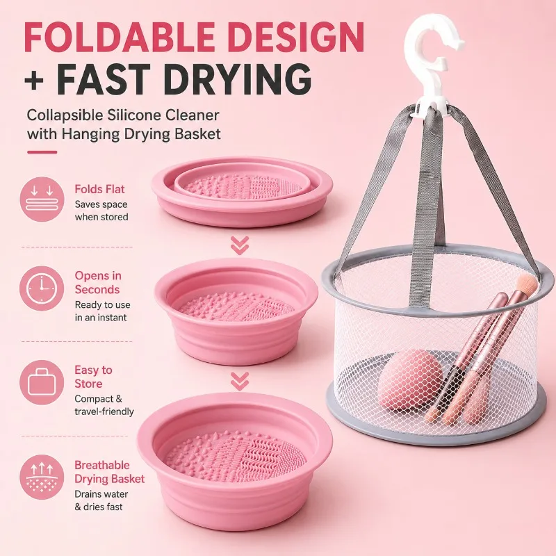 2-in-1 Silicone Makeup Brush Cleaner Bowl with Drying Basket, Foldable Beauty Sponge Puff Washing Pad for Travel Makeup Tools - view 4