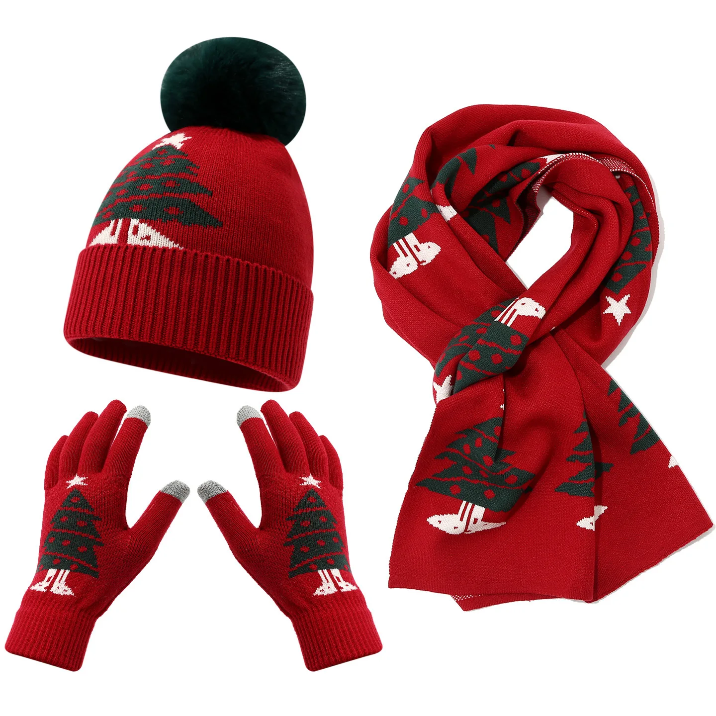 new-women's-christmas-tree-knitted-hat-scarf-gloves-three-piece-set-parent-child-winter-warm-wool-hat