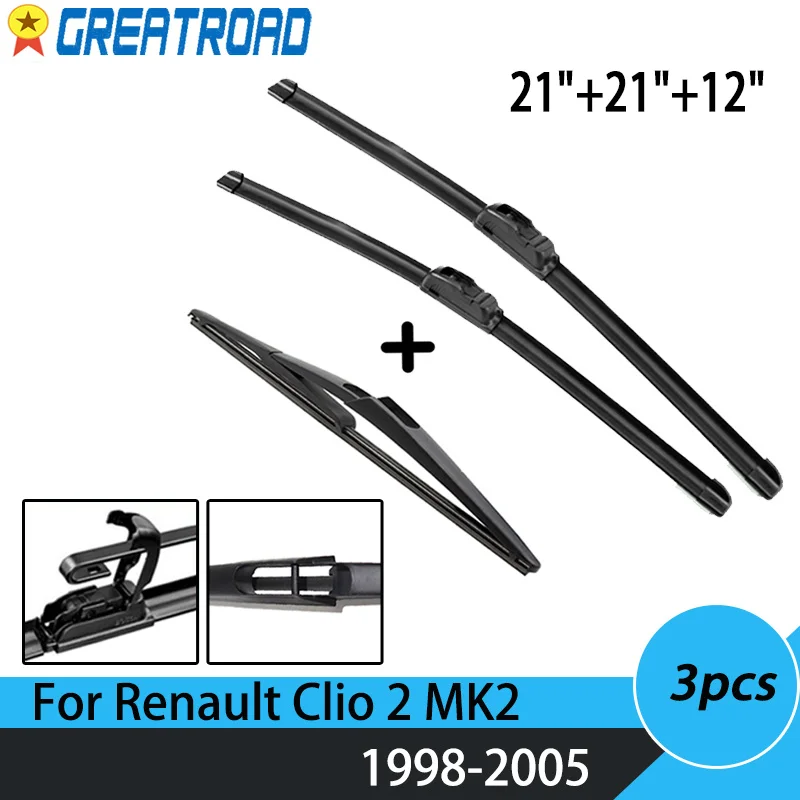 Wiper Front & Rear Wiper Blades Set Kit For Renault Clio 2 MK2 1998 99 00 01-2005 Windshield Windscreen Rear Window 21