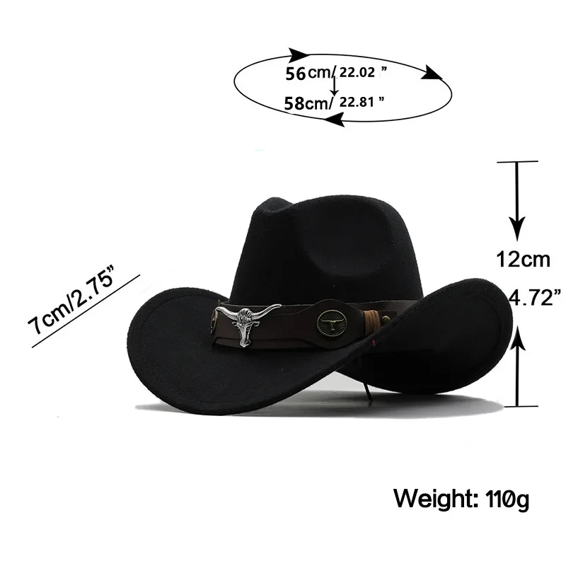 ashion top hat, ethnic style, cow logo, Western cowboy hat, rolled brim, retro riding hat, woolen felt hat