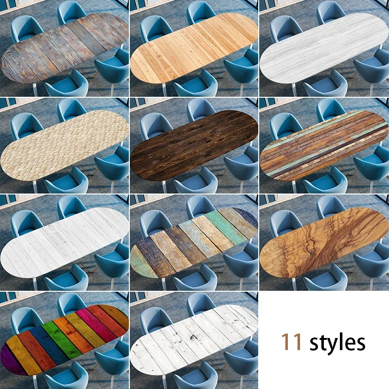Wooden Plank Texture Style Waterproof Oval Tablecloth Oil-Resistant Elastic Stretch Fitted Table Cover Kitchen Dining Outdoor