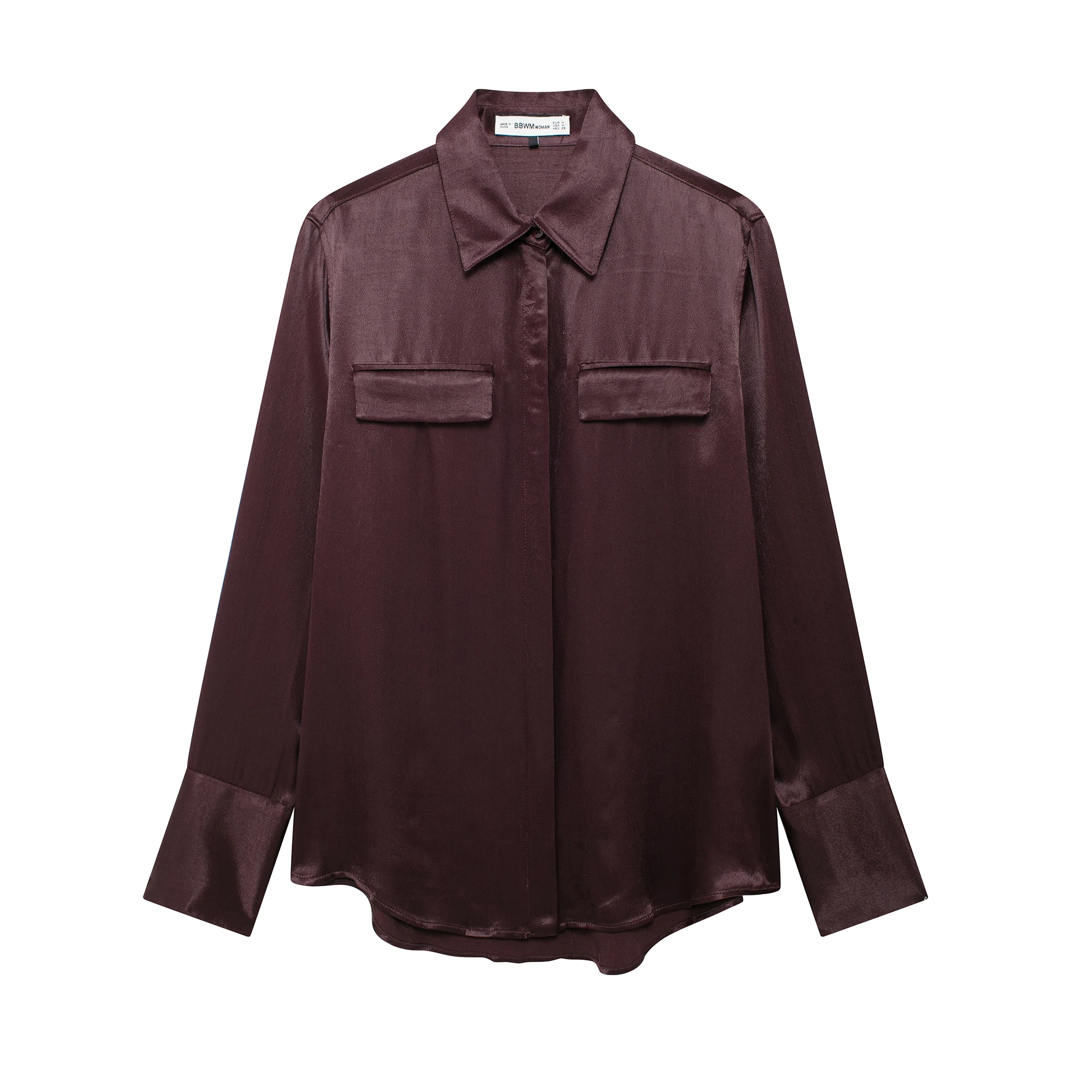 

ZBZA Autumn New Women's Street Sle Silk Satin Feel irt with ket Design Long Sve Flip Collar Pure Color Polyester Fiber
