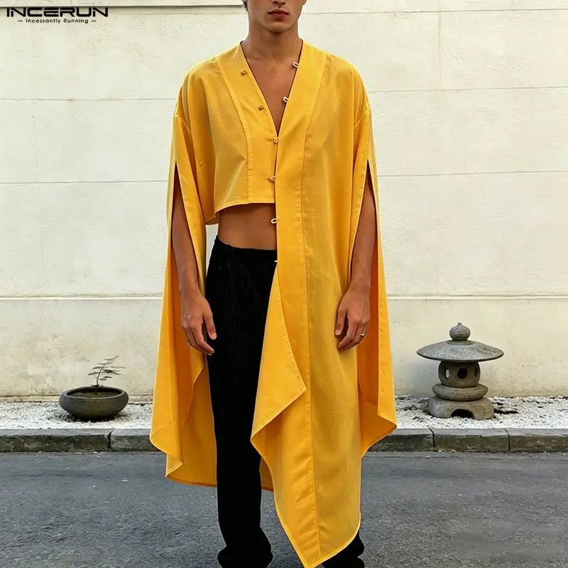 INCERUN Men's Irregular Shirt Solid V Neck Asymmetrical Sleeve Long Style Shirts For Man Streetwear Loose 2026 Men Clothes Tops