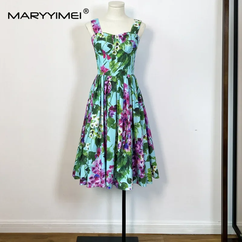 

MARYYIMEI Fashion Women Pure cotton dress Spaghetti Strap Green leaf Floral-Print Holiday Pure cotton Dresses