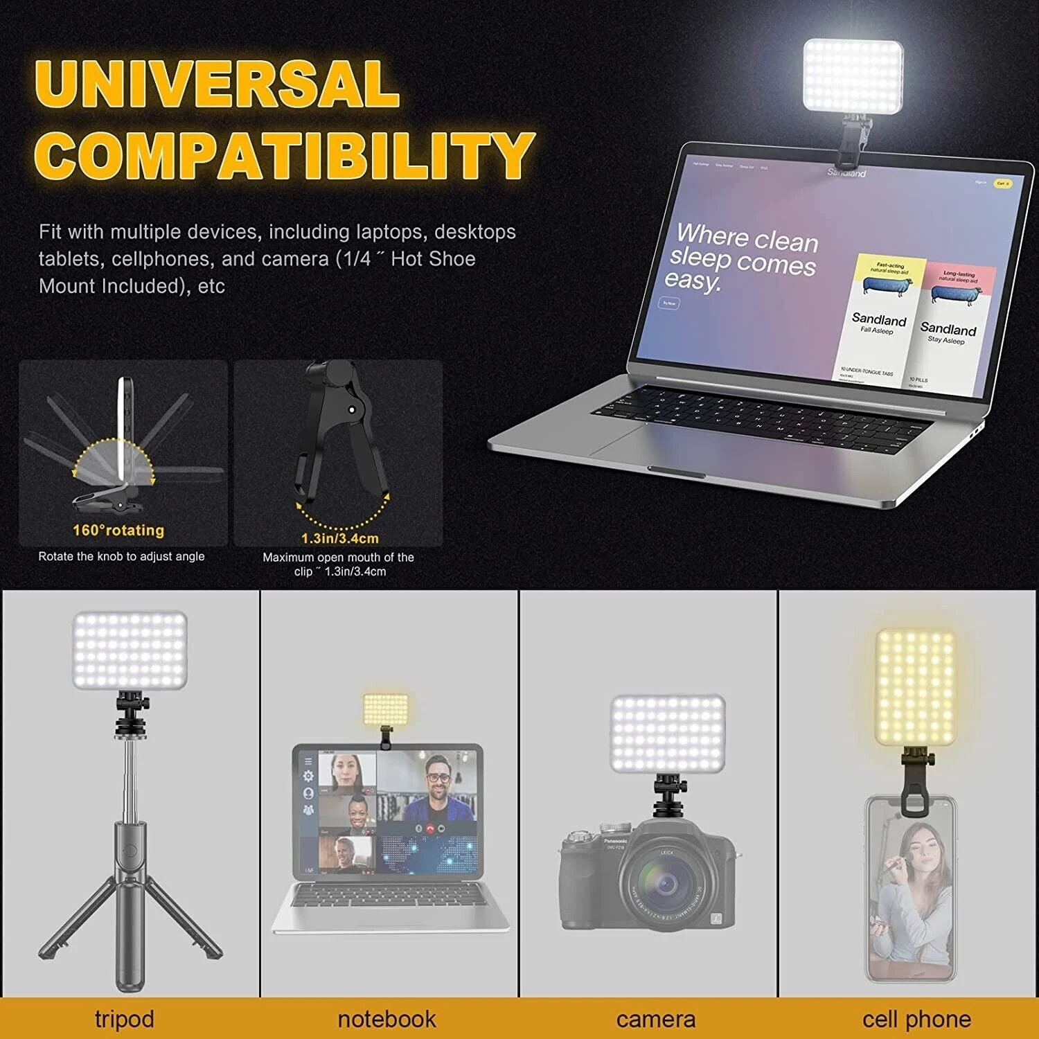 120  High Power Rechargeable Clip Fill Video Light with Front & Back Clip Adjusted 3 Light Modes  Phone