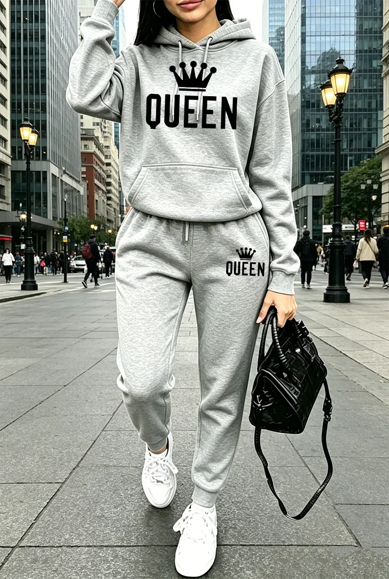 Queen Printing Women's Outfits Autumn Winter Casual Hooded Sweatshirts Daily Sports Jogging Clothing Street Single Hoodie Pants