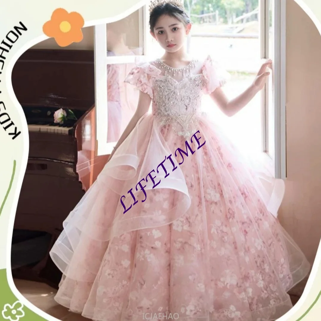 Aangepaste Roze Meisjes Tutu Prinses Jurk Verjaardagsfeestje Kostuum Bruiloft Bloemenmeisje Kinderen Pageant Jurk Piano Prestaties Outf