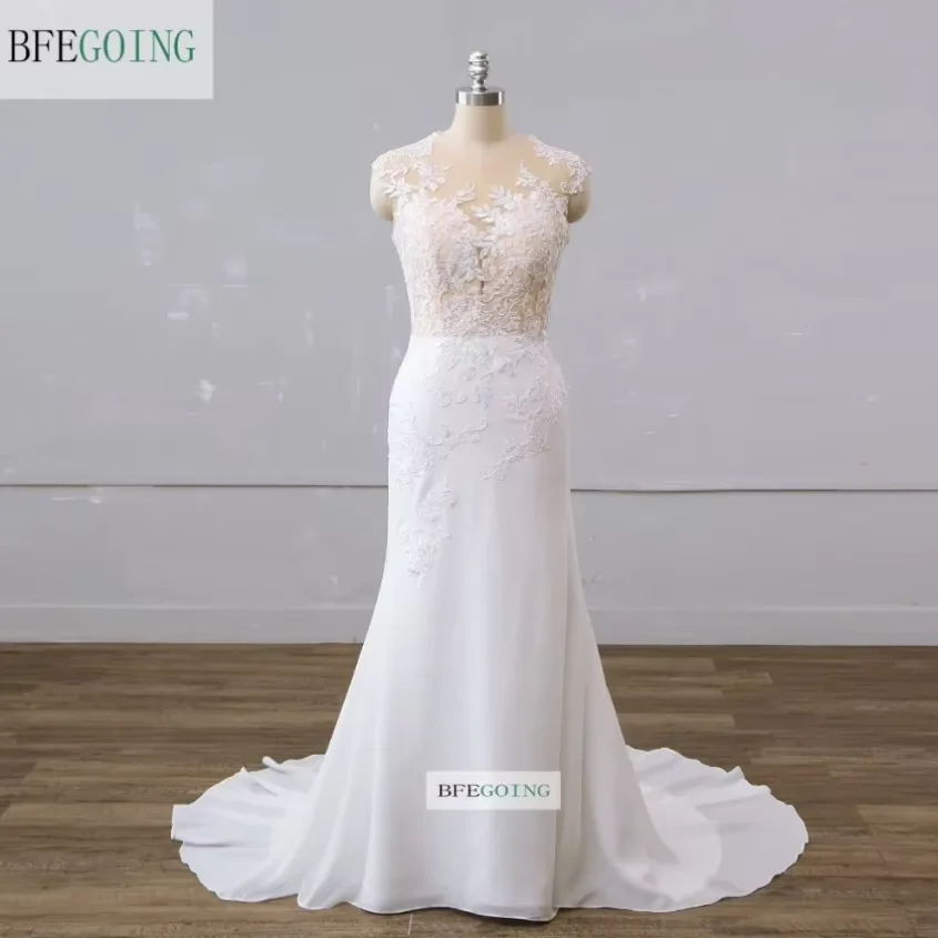 Chiffon Lace Mermaid/Trumpet Wedding Dresses Chapel Train Sleeveless Appliques Floor-Length Bridal Gowns