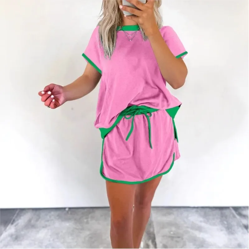 

2025 New Summer Suit Patchwork Short Sleeve T-shirt And Shorts Sets Fashion Chic Tees + Elast Waist Shorts Women Outfits 2pcs