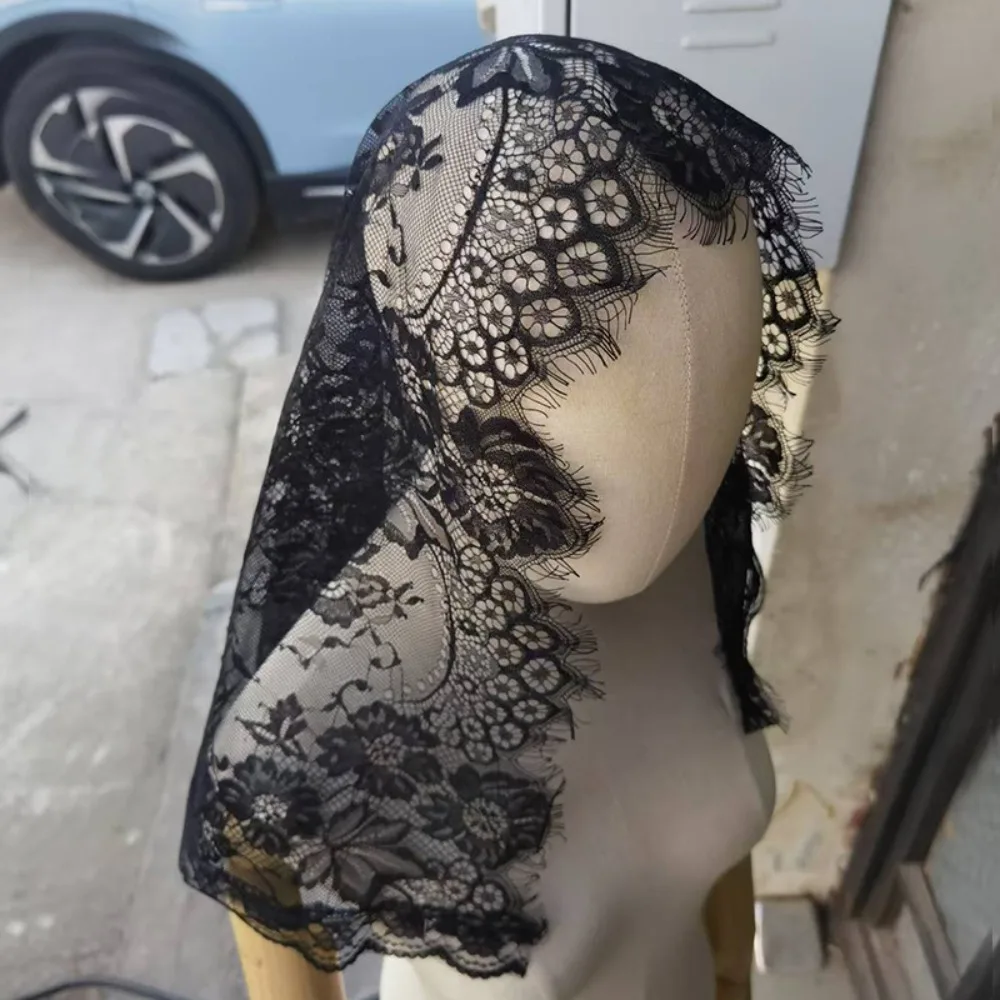

Headwear Hollow Veil Prayer Shawl Lace Trim Flower Wedding Lace Shawl Breathable Headwrap Mantilla Scarf Party