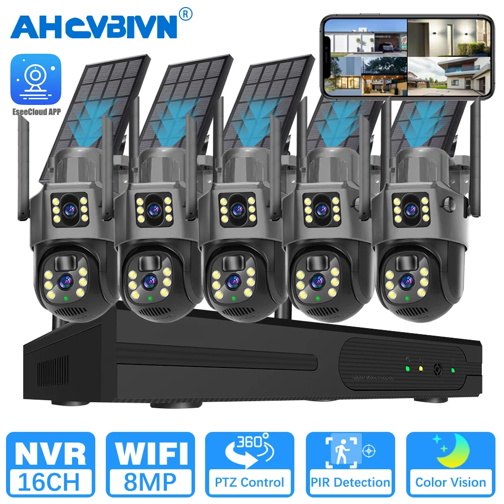 

Двойной объектив 4K Солнечная батарея с зарядкой Wi-Fi PTZ IP-камера Комплект 8MP 16-канальный беспроводной NVR Комплект Автоматическое отслеживание CCTV Security Cam System