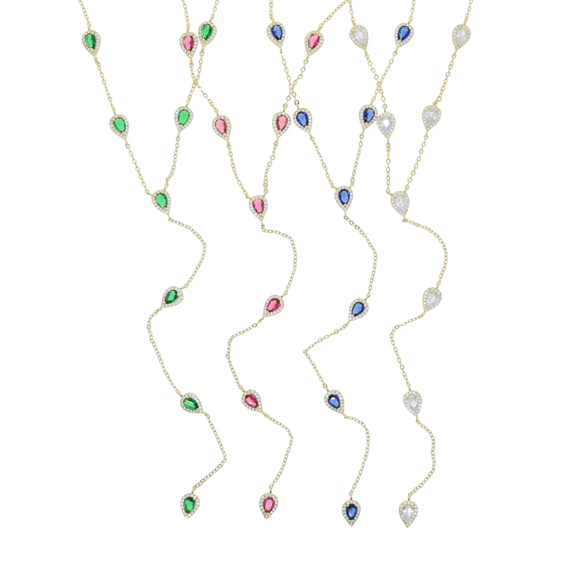 Gold Plated Red Blue Green White Tear Drop Charm Link Chain Long Sexy Women Y Lariat Necklace Fashion Jewelry