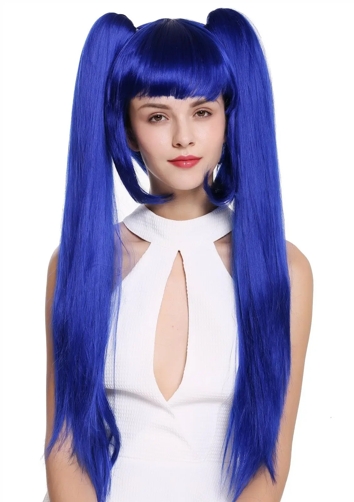 Parrucca da donna Cosplay Lolita corto Bob lungo liscio trecce rimovibili blu sintetico