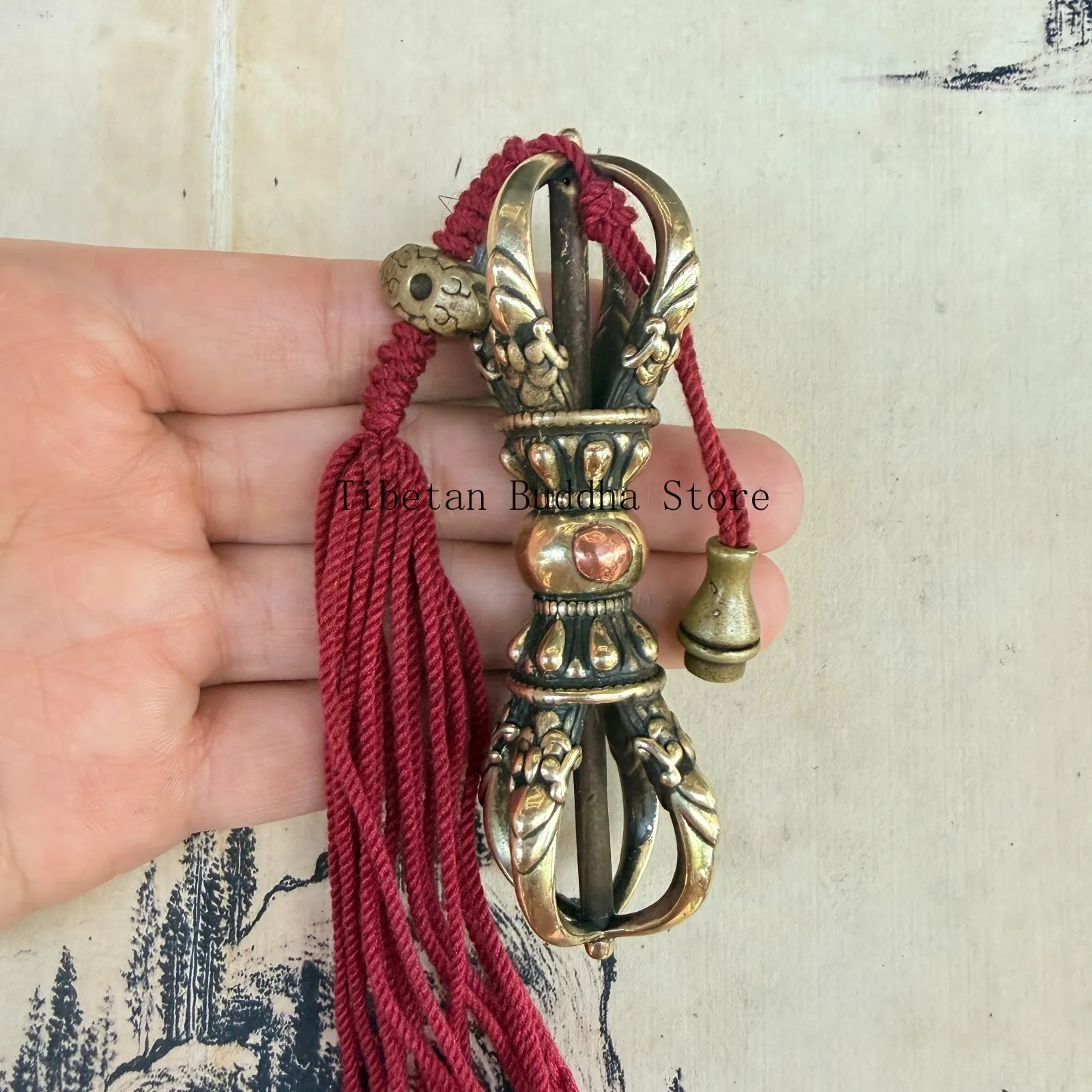 Old ChineseTibetan Buddhism Yellow Lima CopperFive stocks vajra Ritual implement