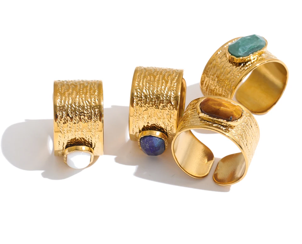 Yhpup Größe 7 Edelstahl Metall Hammer Breiter Ring Muschel Türkis Tigerauge Rechteckiger Goldener Fingerschmuck – Detail 2