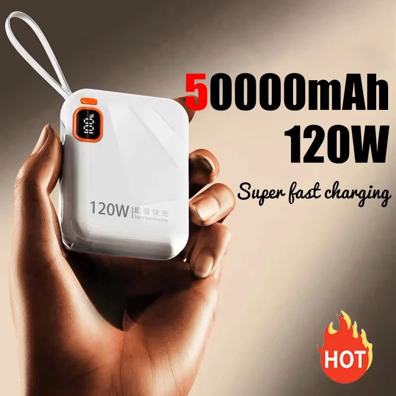 2025 120W 50000mAh Portable Power Bank High Capacity Cable Two-way Fast Charging Mini Powerbank for iPhone Samsung ﻿New