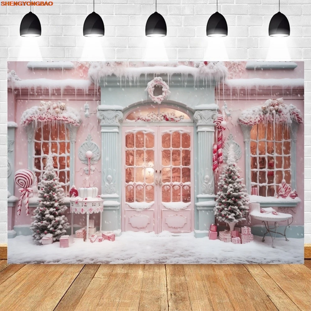 

Christmas Backdrop Pink Candy Store Xmas Tree Gift Snow Baby Portrait Family Party Photography Background Decor Photostudio Prop