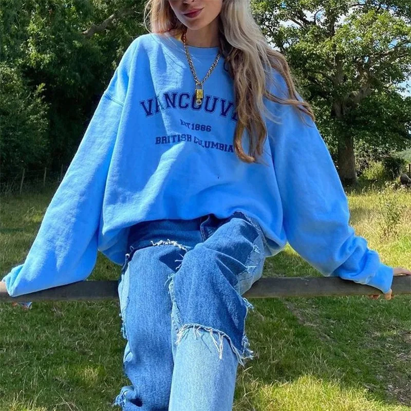 

Blue Letter Printing Vintage Oversized Sweatshirt Women Crewneck Long Sleeve Pullovers Teens Autumn New Streetwear Casual Tops