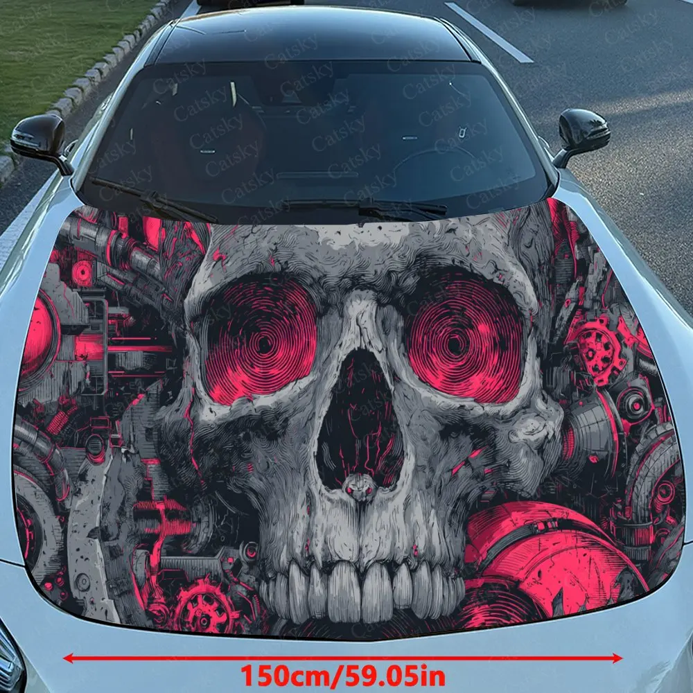 Car Decal Skull with Red Mechanical Element Artistic Fusion in Cyber Gothic Design, Creating a Bold and Futuristic Visual Car Ho