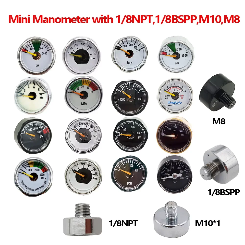 Air Mini Micro Manometer Manometer Manometer 1/8BSPP (G1/8), 1/8NPT, M10, M8,300bar 350bar Handpomp Ventiel Tool