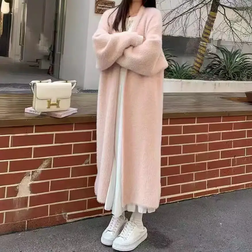 Autumn/Winter Lazy Style Warm Knee Length Thickened Women Cardigan Pure Imitation Mink Fleece Knitted Sweater Women Warm Coat