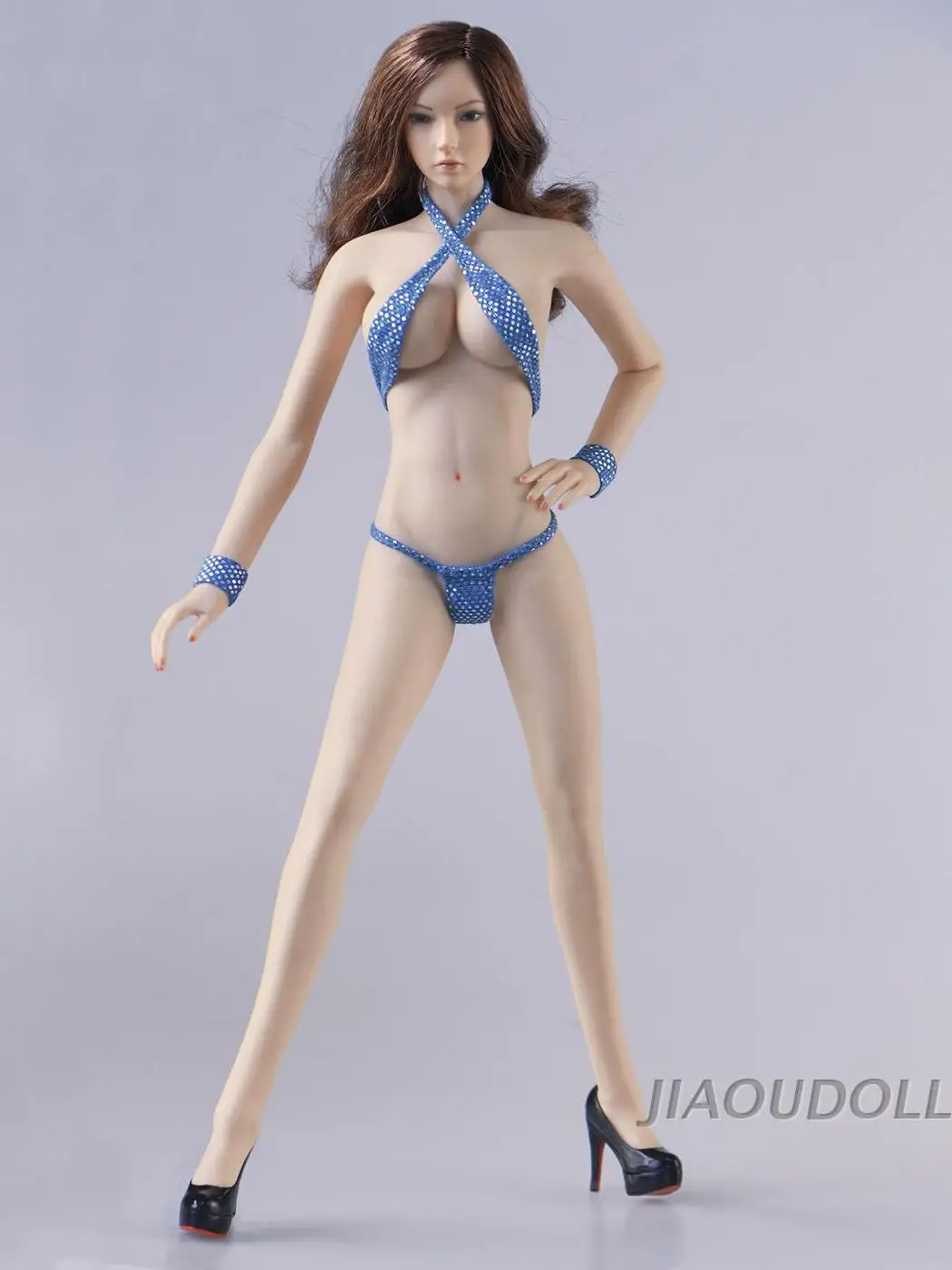 1/6 Sexy Blue Silver Hanging Neck Bikini Wrist Bracer Thong Clothes Set Model for 12 Inch Female Soldier Figure Body Toy