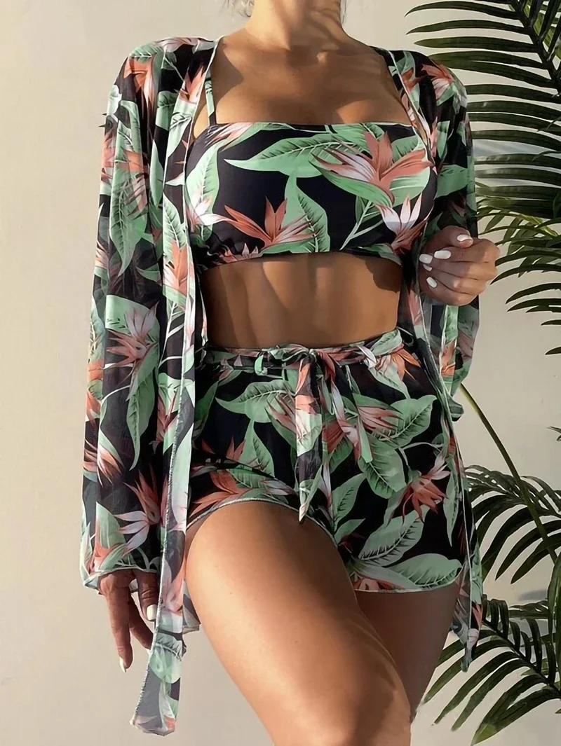 

New 4 Pieces Suit Swimwear Leaf Allover Print Women's Swimsuit Sexy Push Up Bikini Set+Shorts+Blusas Cover-Up Beachwear Tankinis