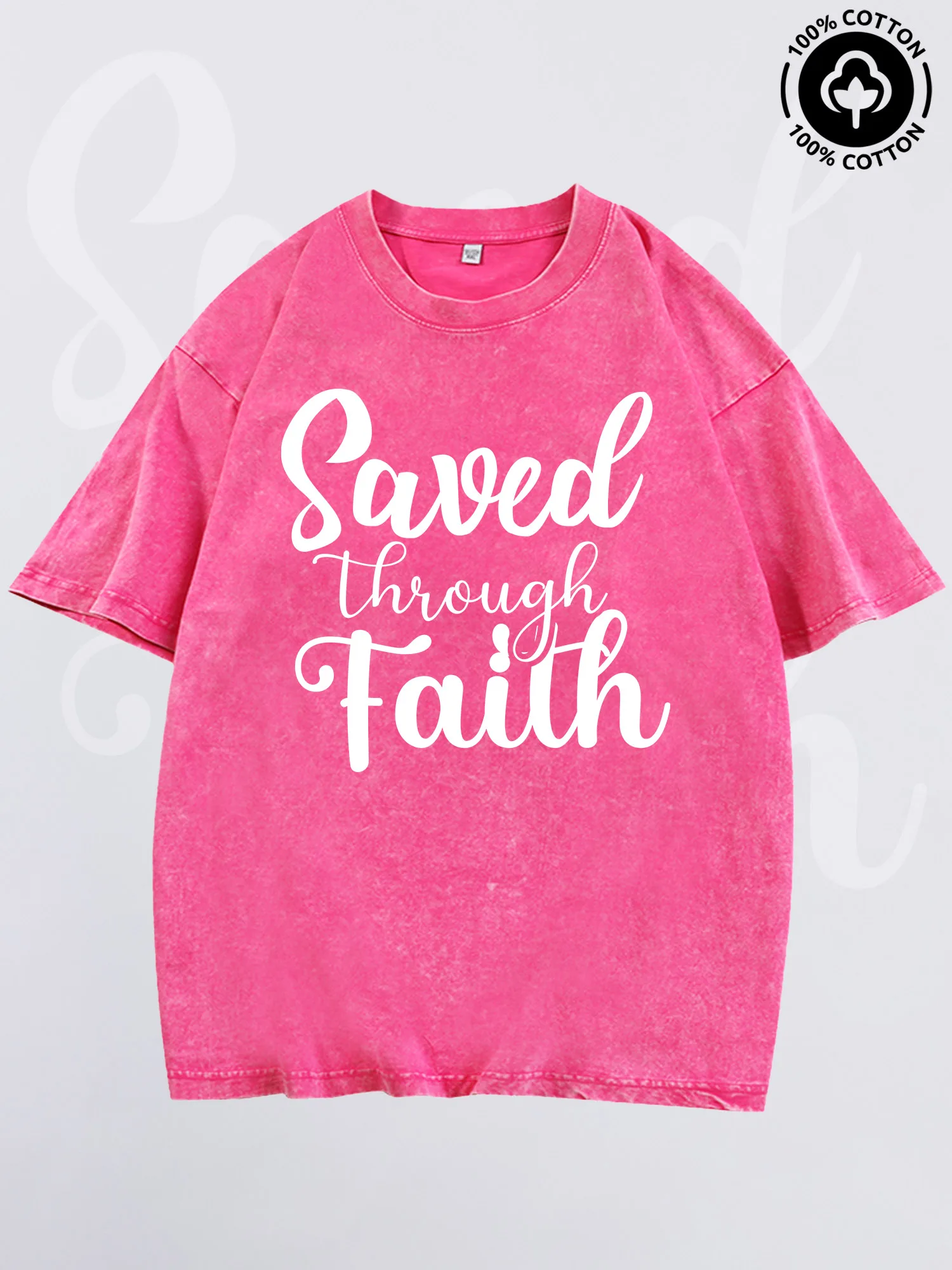 

Saved Through Faith Men's Graphic Tee, Pure Cotton Vintage Pink T-Shirt, Lightweight Drop Shoulder Tee