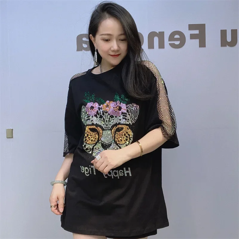 Fashion Cartoon Rhinestone 3D Tiger Head Pattern Black T-shirt Spring Summer Round Neck Pullover Loose Short Sleeve Cotton Top