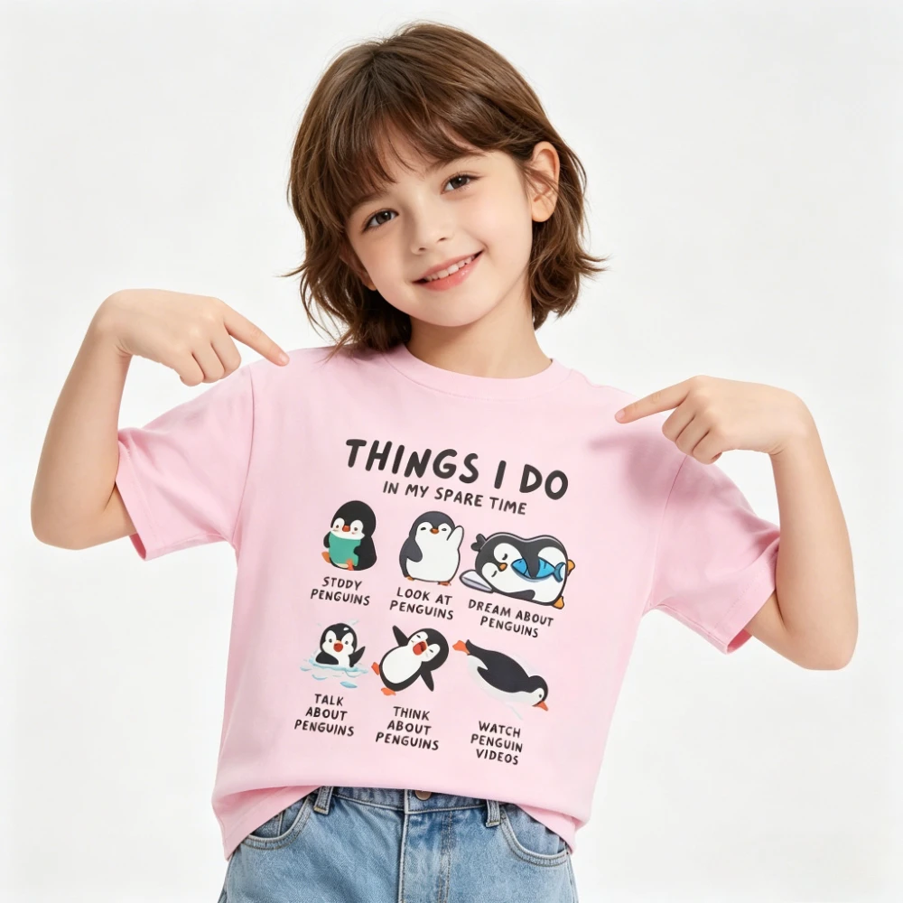 Things I Do in My Spare Time Penguins Graphic Shirt Kids Cotton Tee Cute Kawaii Cartoon Penguin Tshirt Funny Boys and Girls Tops