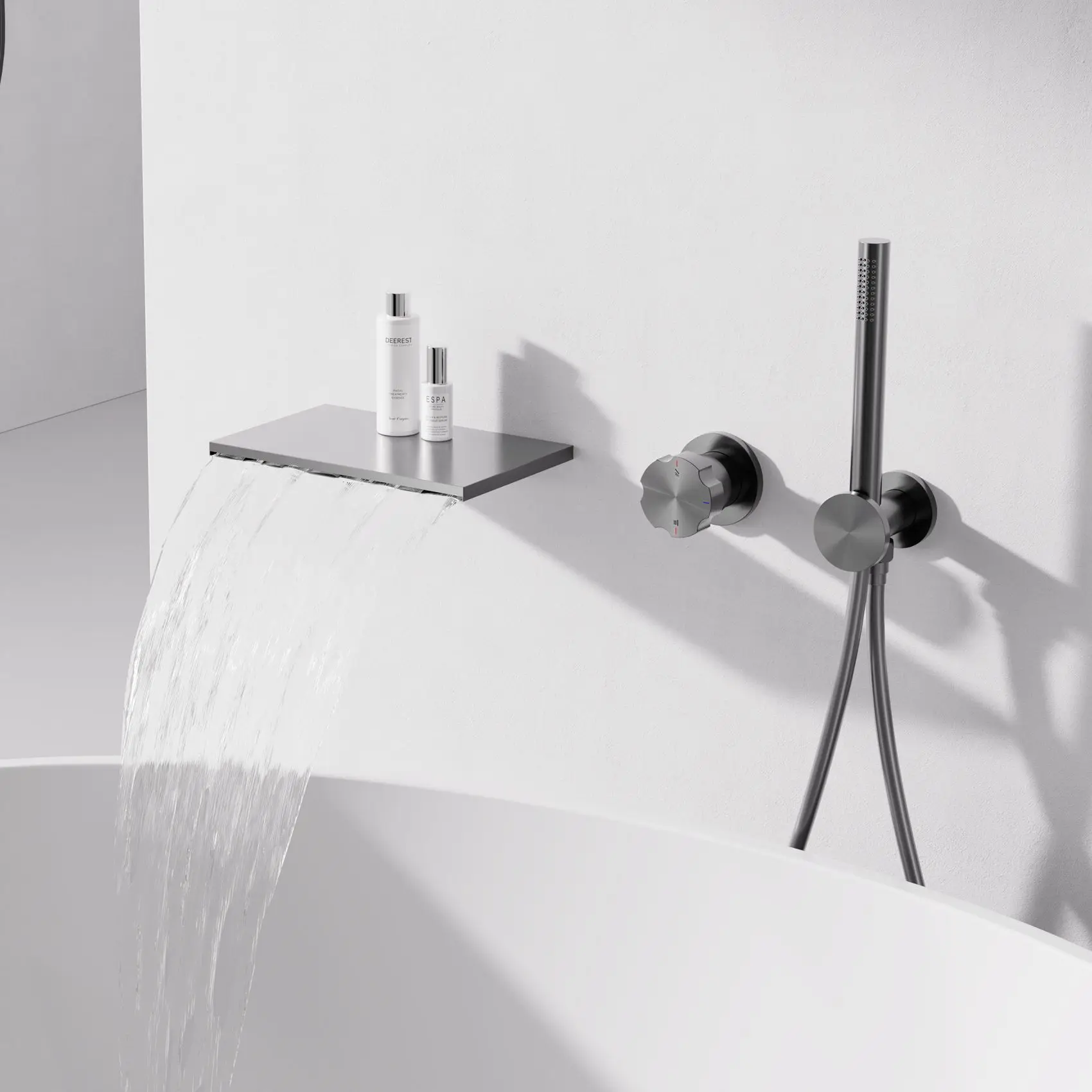 Brushed Gold Bathroom Bathtub Mixer Set Black Brass Waterfall Bath Shower Faucets Wall Mounted Bathtub Shower Faucet Set