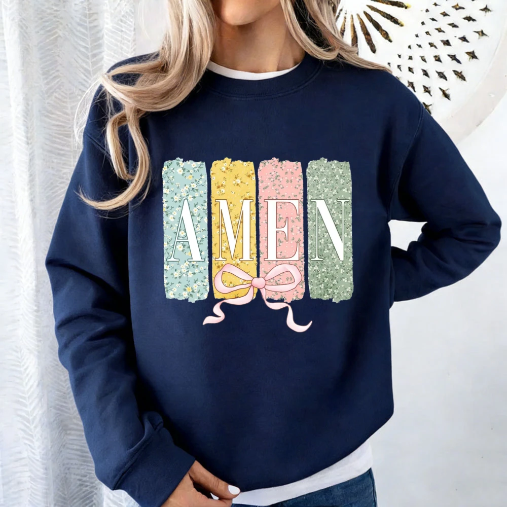 Amen Coquette Bow Women Sweatshirt Christian Easter Amen Varsity Tops Jesus Easter Bible Verse  Amen Women Pullover Clothes