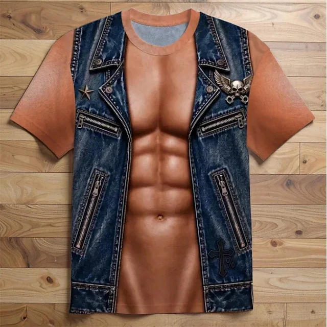 Y2K Funny Men's 3D Muscle Chest Print T-Shirt, Biker Vest Illusion Short Sleeve Tee, Streetwear Summer Casual Holiday Top