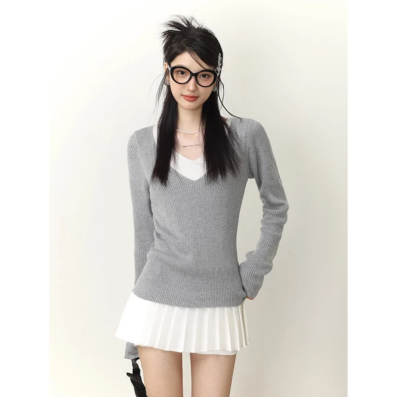 

2023 New Autumn Winter Korean Style Knitted Sweater Chic Sexy Women Fake Two Pieces V-Neck Long Sleeve Tops