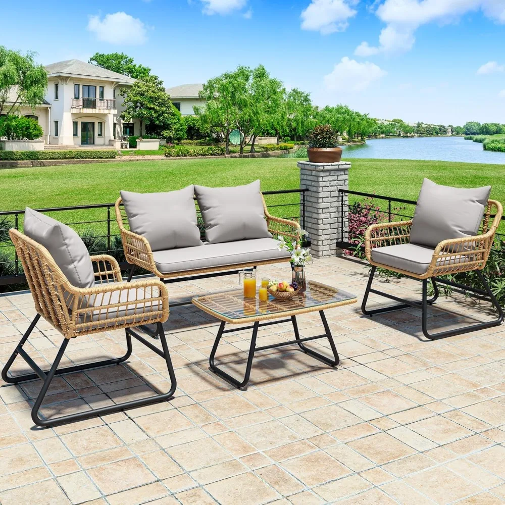 

Outdoor Conversation Set 4 Piece, Outdoor Wicker Bistro Set with Removable Cushion, Rattan Patio Loveseat Sets,Glass Side Table