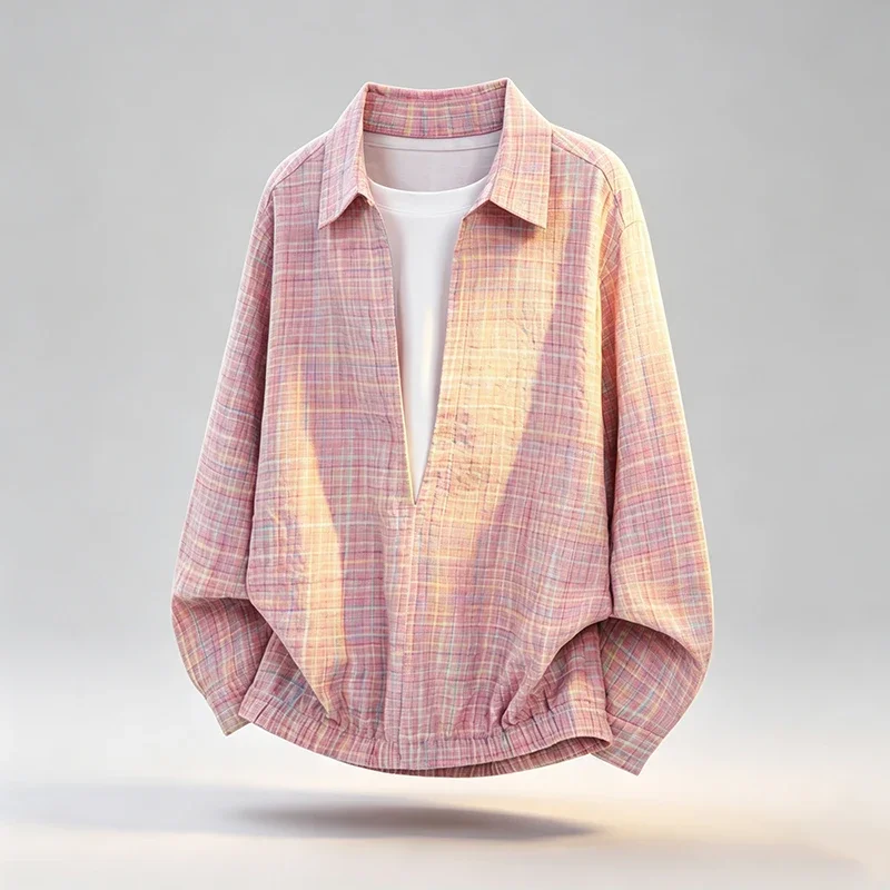 Men Plaid Lapel Shirt Jacket Loose Long Sleeve Grid Check Pattern Casual Shirts Elastic Hem Streetwear Mens Outerwear Tops