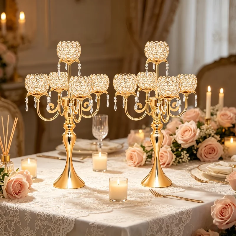 Luxury 5-Arm Crystal Candelabra Gold/Silver Candle Stand with Crystal Cups & Hanging Beads for Wedding Centerpiece