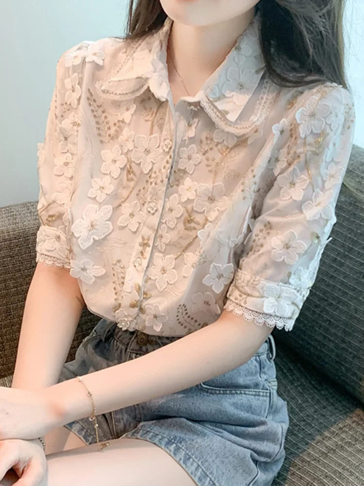 SMTHMA Summer New French Vintage Flower Embroidery Shirt Women\'s Fashion Design Elegant Lapel Short Sleeve Top