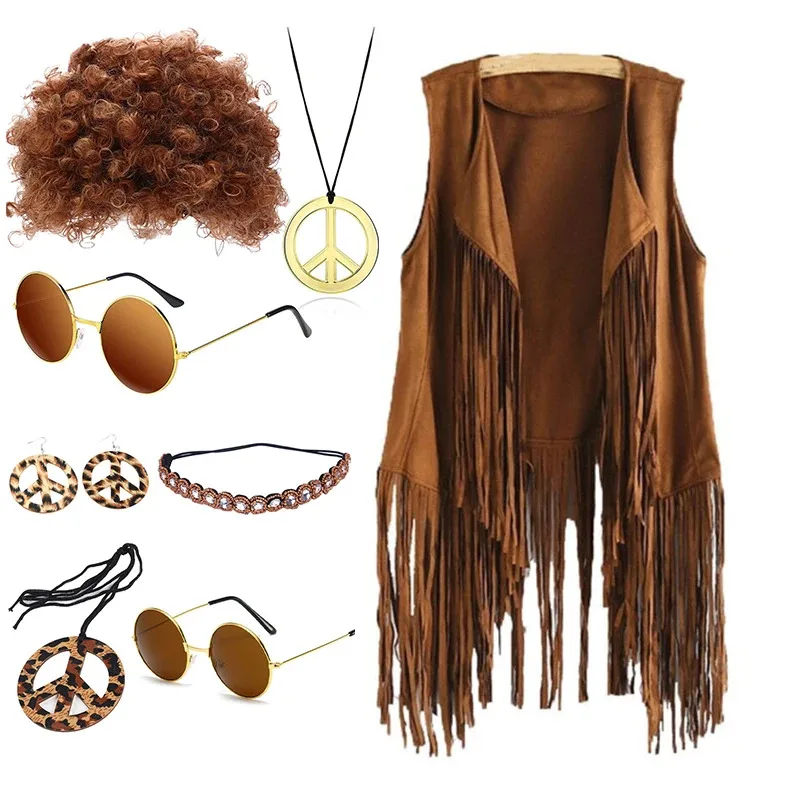 

Peace Mark Necklace Costume 5 Piece Set Halloween Carnival Cosplay Party Hippie Tassels Vest 60s 70s Vintage Peace Earrings Set
