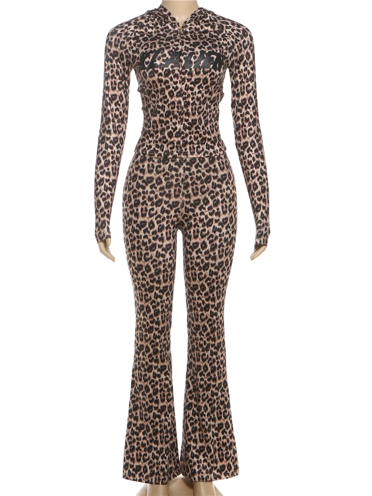 Weird Puss Letter Leopard 2 Piece Set Women Zip Hooded Jacket+Flare Pants Casual Matching Stretch Sporty Streetwear Tracksuit