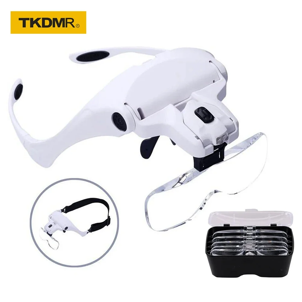 TKDMR Headband Glasses Magnifier Glass LED Ioupes 5 Individual Interchangeable Lens for Tool Repair Soldering Reading Jeweler