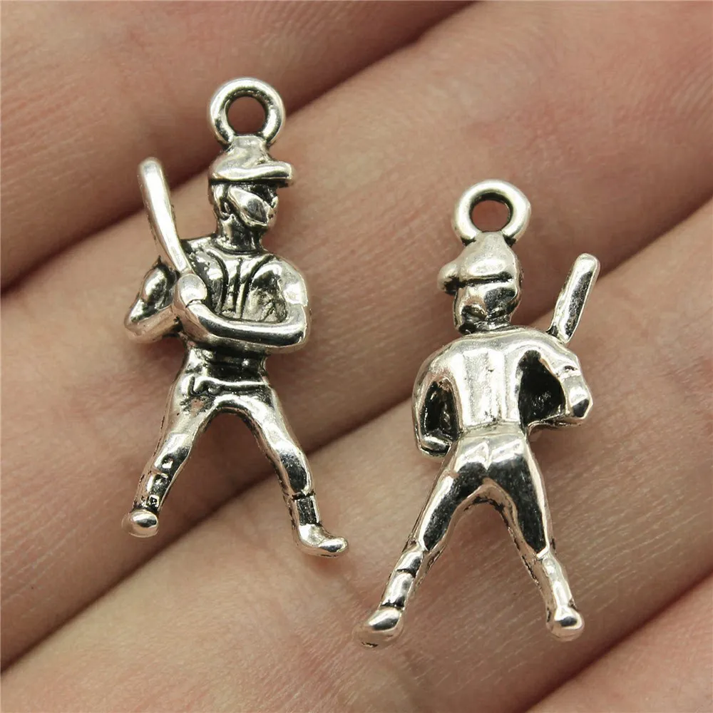 10pcs/lot 25x12mm Baseball Player Charms For Jewelry Making Antique Silver Color 0.98x0.47inch