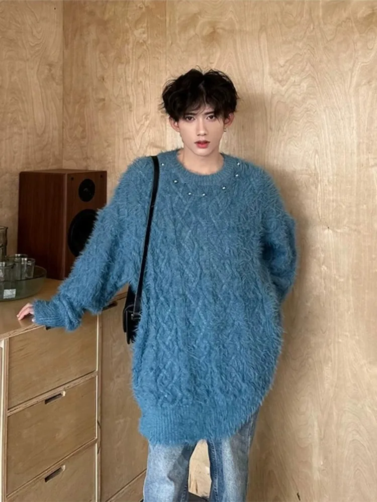 

American Retro Knitted Jaet Metal Button Camere Lazy High-End Feel St Trendy Men's Winter Faion Polyester Fiber