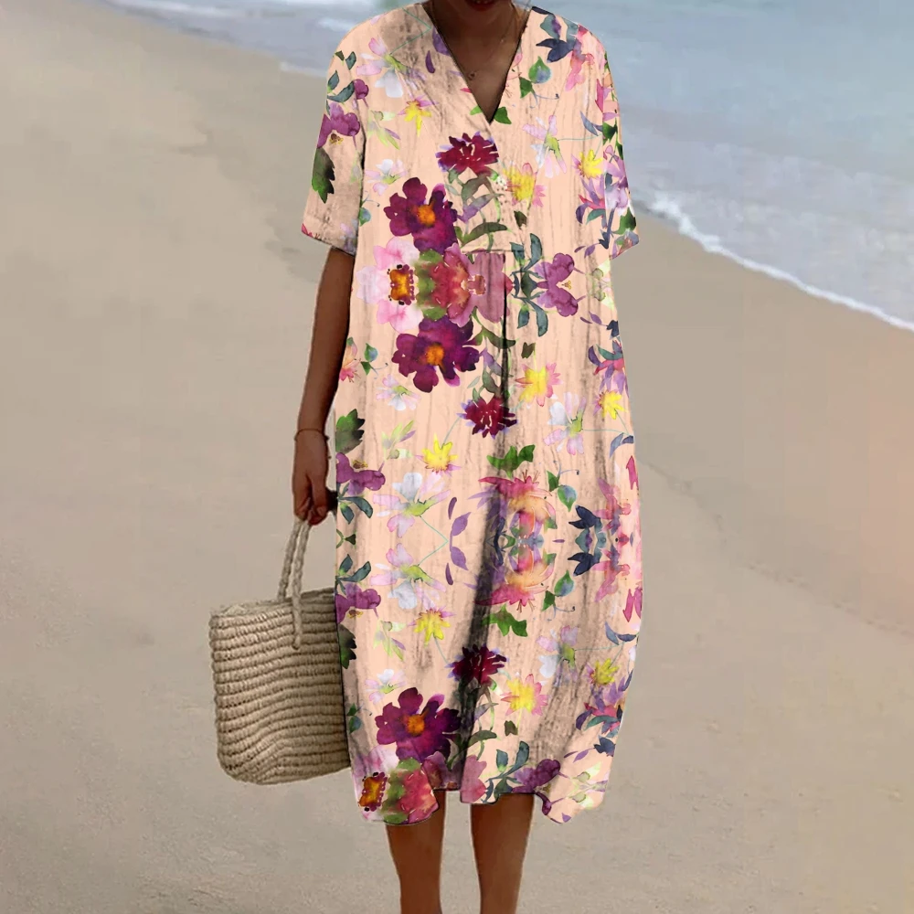 

Large Flower Printed Floral Dress Women's Full Printing Oversize 1-Piece Summer Resort Frocks V-Neck Half Sleeves Longuette