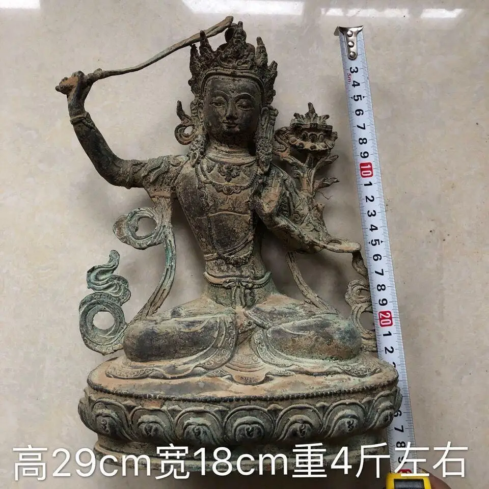 

Antique 30cm Large Copper Buddha Statue Guanyin Bodhisattva Bronze Statue Large Manjusri Bodhisattva Bronze Statue Decoration Pa