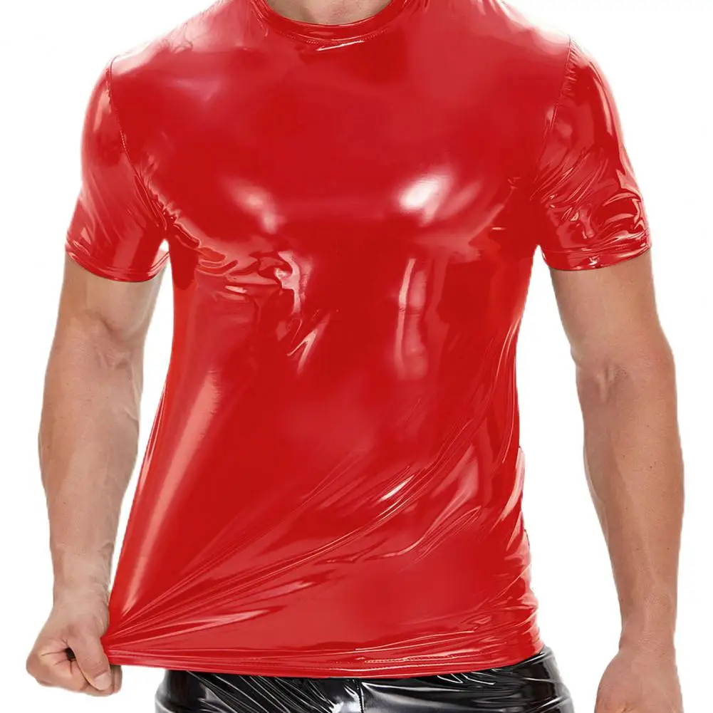 Men Short Sleeve Top Men's Faux Leather Slim Fit Party Nightclub T-shirt With Short Sleeves Round Neck Smooth Glossy Finish Soft