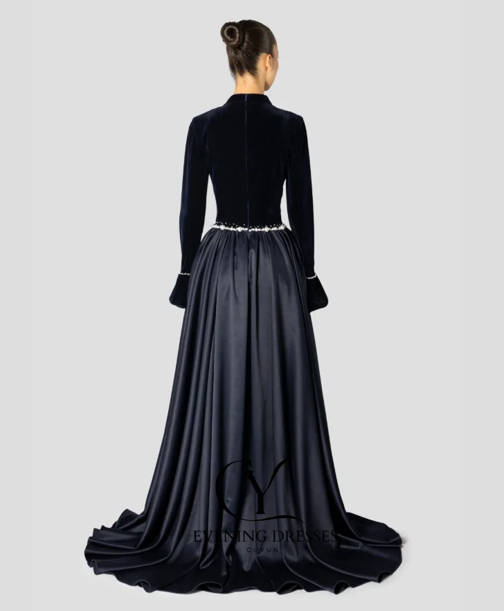 فساتين سهرة بأكمام طويلة وياقة عالية من CUYUN فساتين حفلة موسيقية طويلة مرقعة باللؤلؤ مخصصة لحفلات الزفاف الرسمية للضيوف